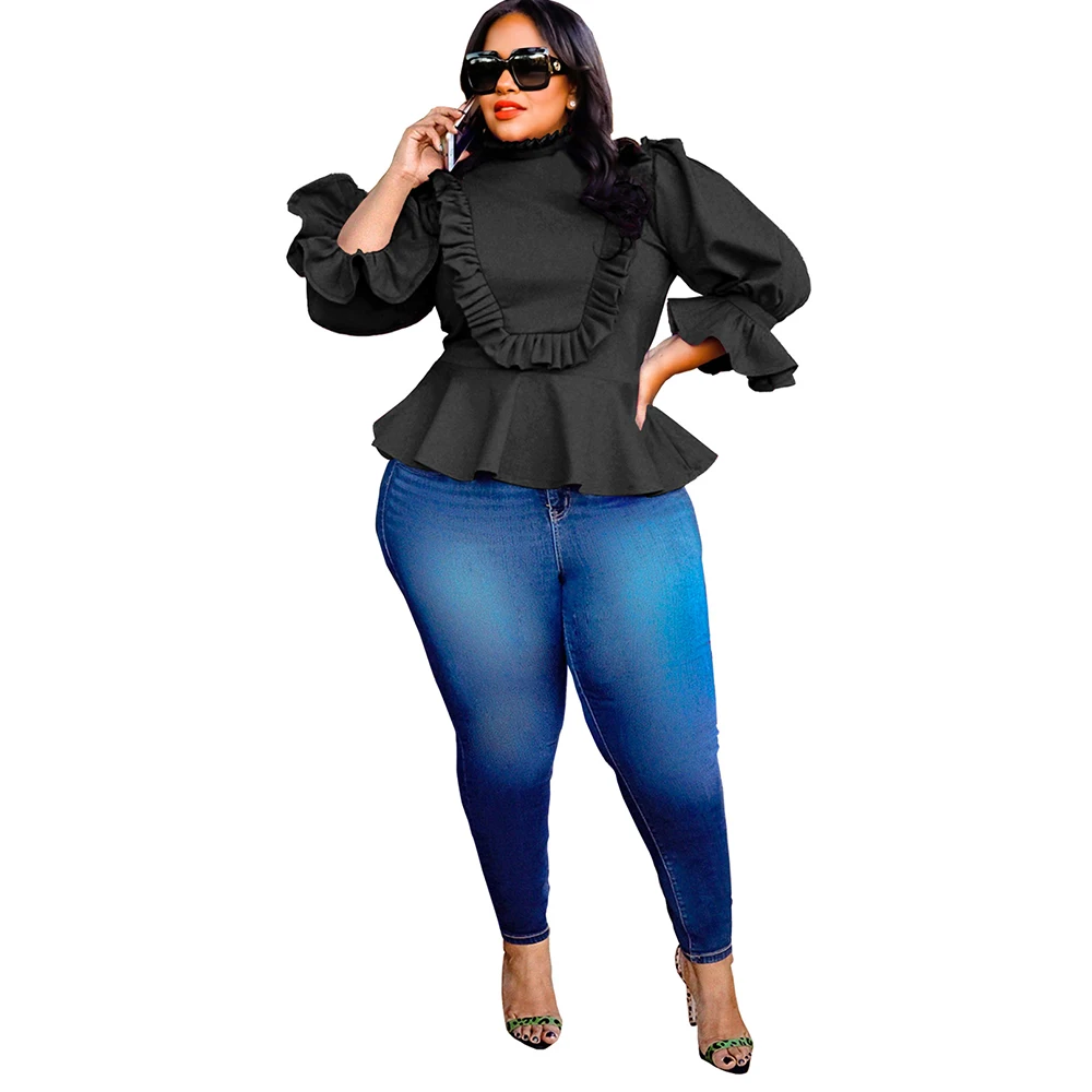 

Cascading Ruffles Patchwork Slim Fit Woman Blouse Elegant Stand Collar Flare Long Sleeve Shirts Office Lady Fall Solid Blouses