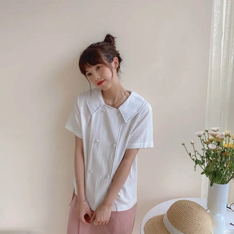 

2020 New Japan Style Turn-down Collar Short Sleeve Blouse Women Vintage Double-breasted Elegant Shirt Woman Summer Blouses