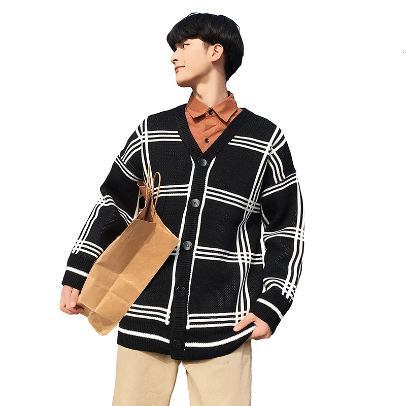 

Men's sweater 2019 autumn and winter new fashion lattice wild cardigan sweater youth personality fashion trend men's clothing