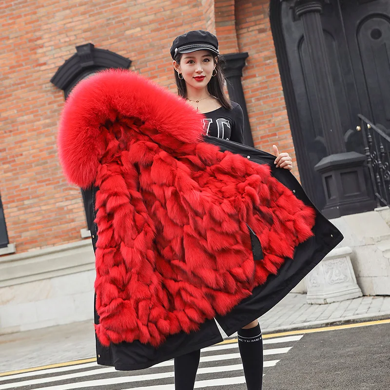 Вечерние зимние новинка 2020 лисий мех внутри пальто с капюшоном женские средней