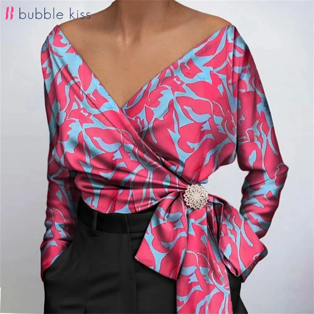 Блузка Женская атласная с принтом глубоким V-образным вырезом и длинным рукавом |