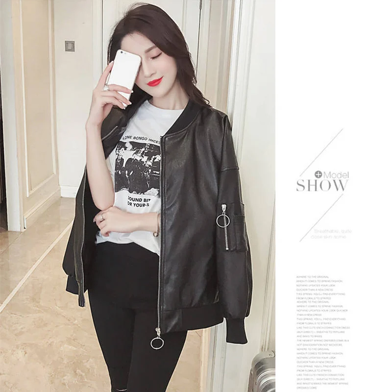 Женская куртка-бомбер Sungtin черная Свободная куртка из искусственной кожи на