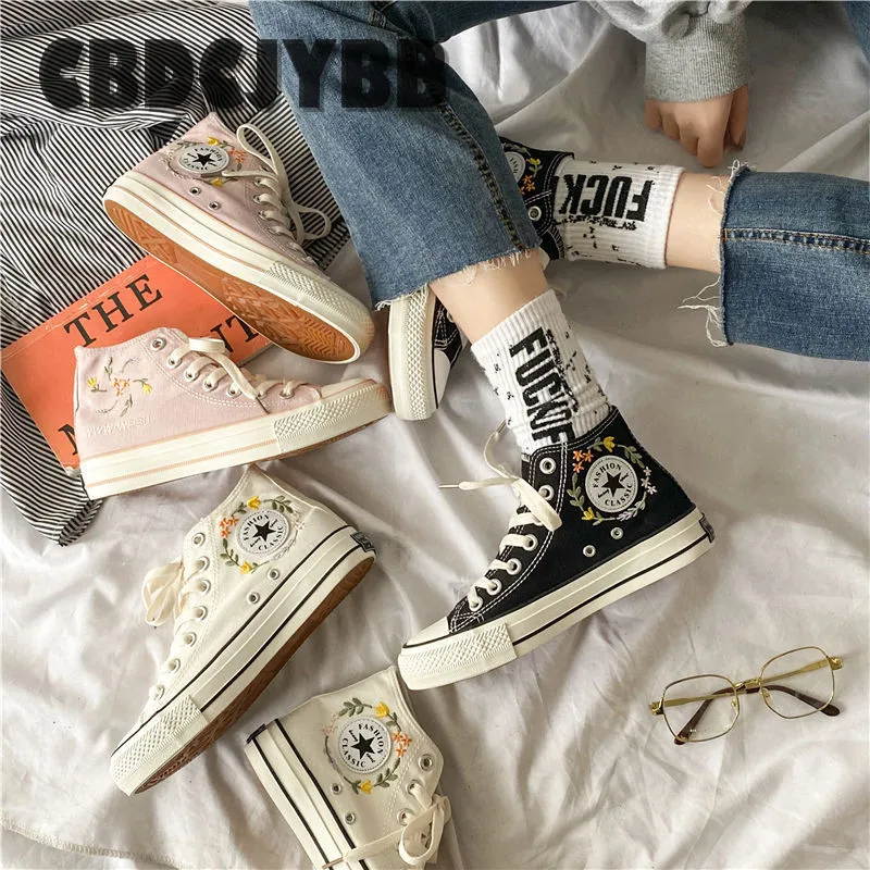 Женские высокие парусиновые туфли с вышивкой повседневные кроссовки на плоской