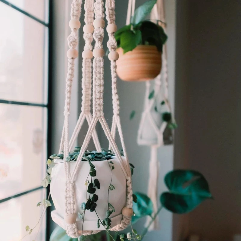 

1Pc Handmade Macrame Plant Hanger Flowerpot Holder Basket Hanging Flowerpot Net Hanger For Countyard Home Garden Wall Decoration