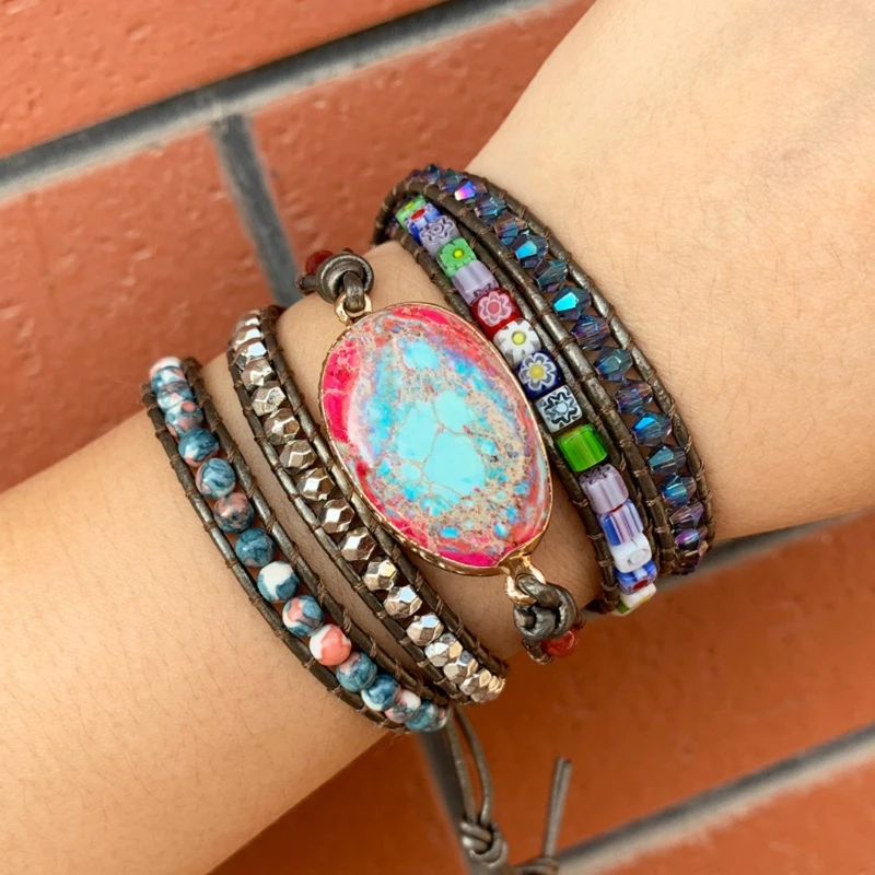 Женский кожаный браслет ручной работы овальный с 3 прядями из гематита и