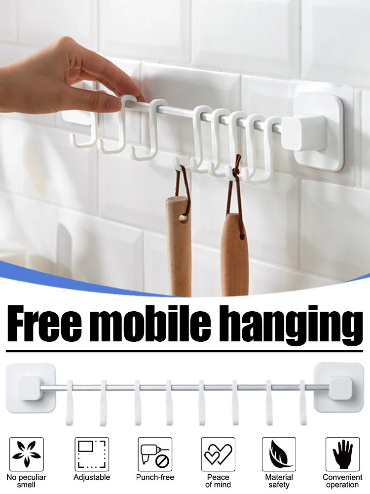 

Kitchen Supplies Punch-Free Wall-Mounted Storage Rack Simple With 8 Hooks Free Mobile Hanging Row Hook For Kitchen Tool