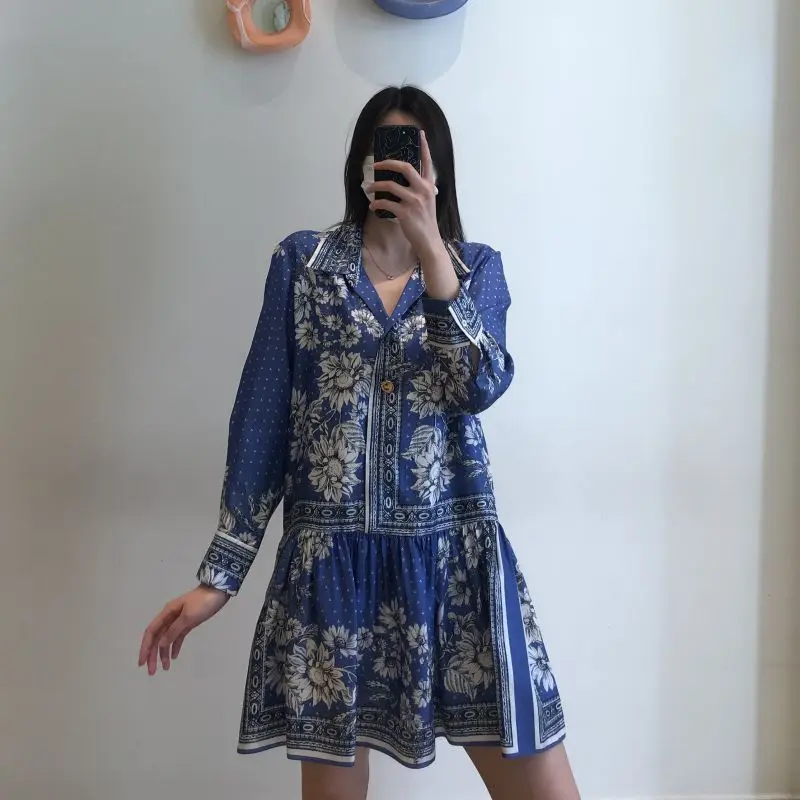 

Woman Summer Loose V-Neck Long Sleeve Print Mini Dress Ladies Casual Slim Designed Dresses Female High Version New Dress ML232