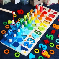 baby montessori math toys kids educational wooden toys 5 in 1 fishing count numbers matching digital shape sorting board puzzles