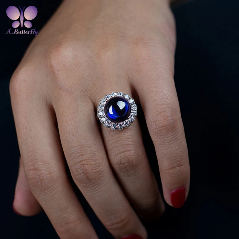

Simple And Creative 925 Sterling Silver Simulation Sapphire Round 13ct Ring Female Fashion Halo Ladies Ring