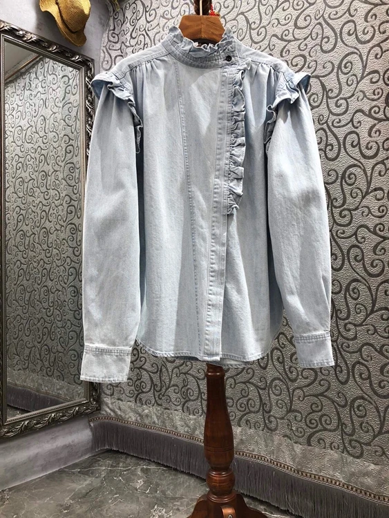 

2021 new women fashion Xiaoli leader shoulder wooden ear stitching decoration solid color long-sleeved all-match blouse 1020