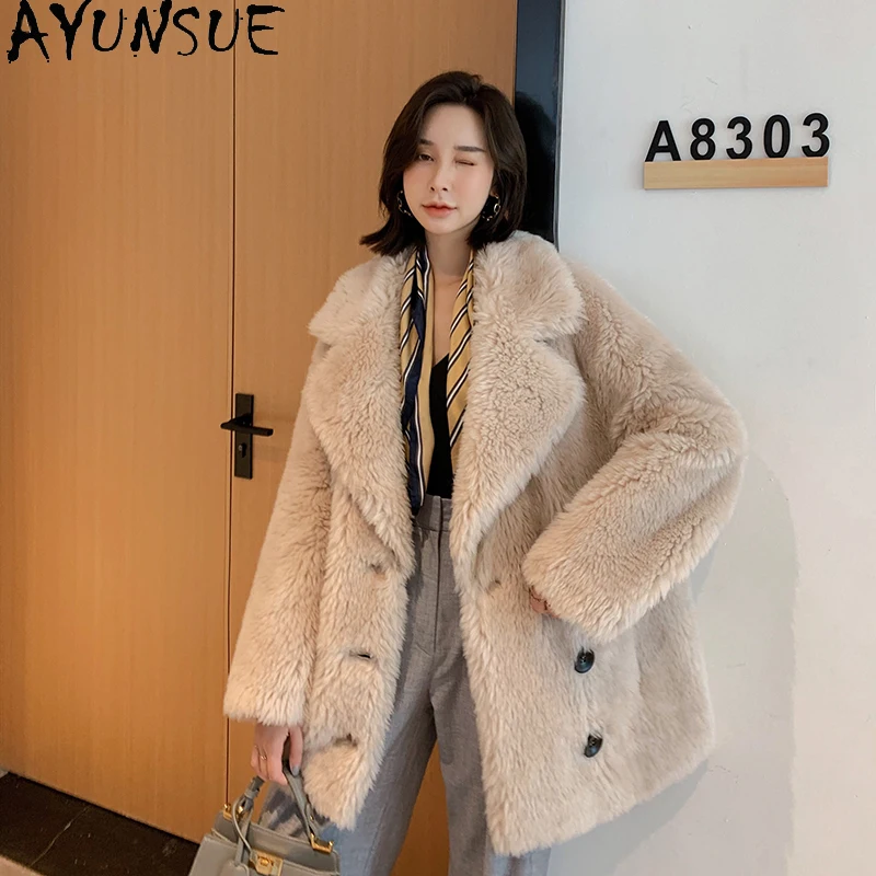

Зимнее пальто AYUNSUE из натурального меха, женское длинное теплое пальто с овчиной, модель 100% шерстяная куртка с мехом, Толстая Женская одежда,...