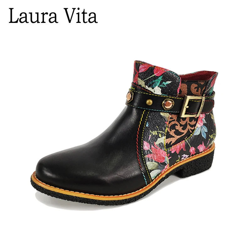 

Laura Vita 2019 NEW COCRALIEO 04 Genuine Leather Bohemia Ankle Boots Vintage Printed Autumn Winter Women Boots Square Low