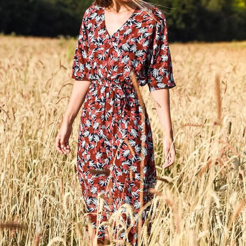 Женское длинное платье с поясом свободное милое летнее миди принтом ягод V