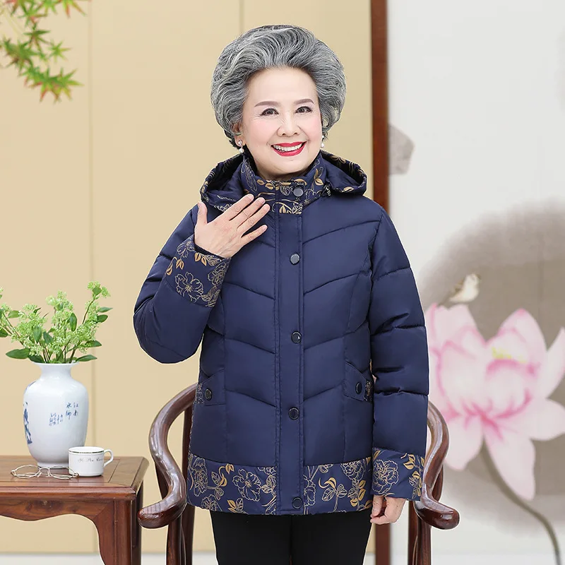 Пальто из хлопка для пожилых мам 60-70 зимние куртки г. Новые плотные теплые пальто с капюшоном и принтом куртка для Parkers верхняя одежда для мам A1021 - Цвет: Navy