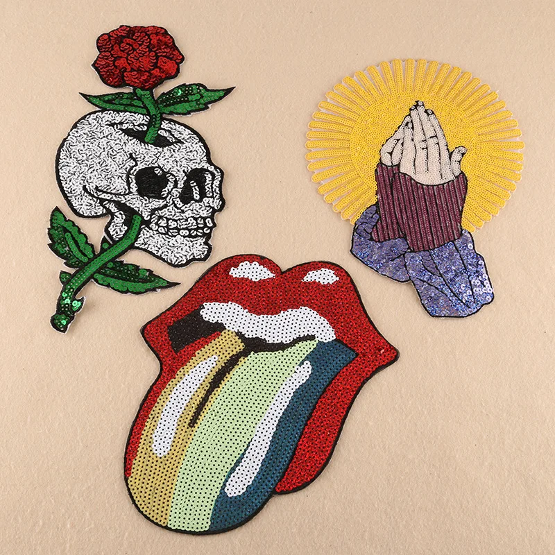 

1Pcs 25*18CM Skull Flower Shape Punk Style Sequins Patches For DIY Sew On Clothes Shoes Stickers Stripes Garments Decoration