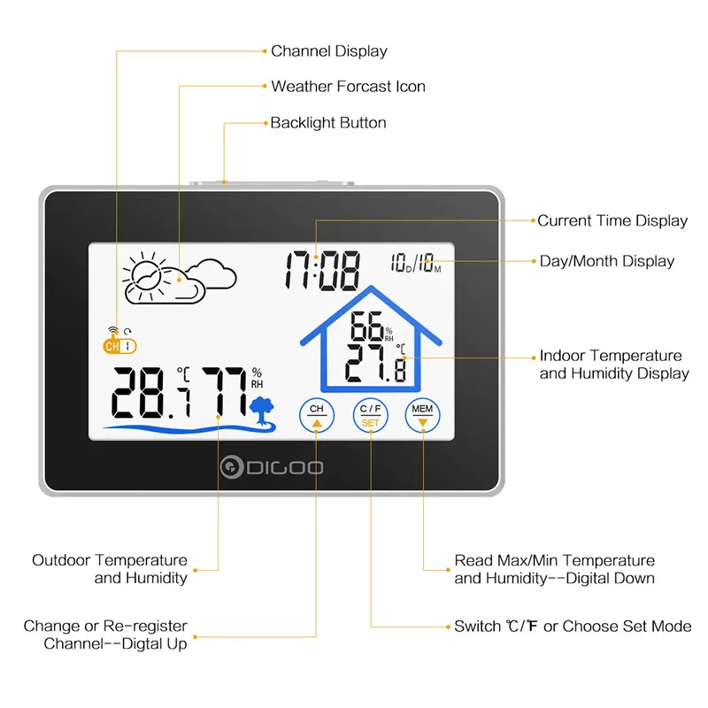 Digoo-term&oacute;metro inal&aacute;mbrico DG-TH8380, higr&oacute;metro, estaci&oacute;n de clima de pantalla t&aacute;ctil con Sensor de pron&oacute;stico para exteriores-3