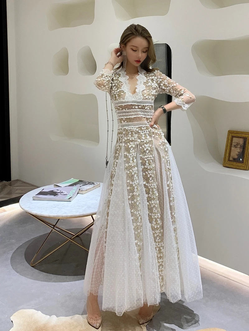 Платье женское Сетчатое с вышивкой длинное кружевное вечернее длинным рукавом V