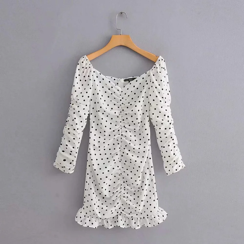 Женские вечерние платья с принтом в горошек облегающие длинными рукавами