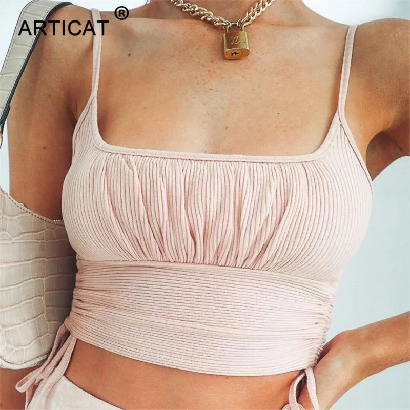 Articat Sexy Side Drawstring Cropped Camis Women Ruched Slim Short Warpped Tank Tops 2020 Summer Cute Streetwear Knitted | Женская
