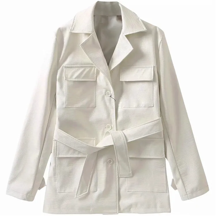 

2021 Spring Women Fashion Slim Long Sleeve Pocket Overisze PU Jacket Elegant Sashes Lapel Solid Jacket Famale Outerwear Chic Top