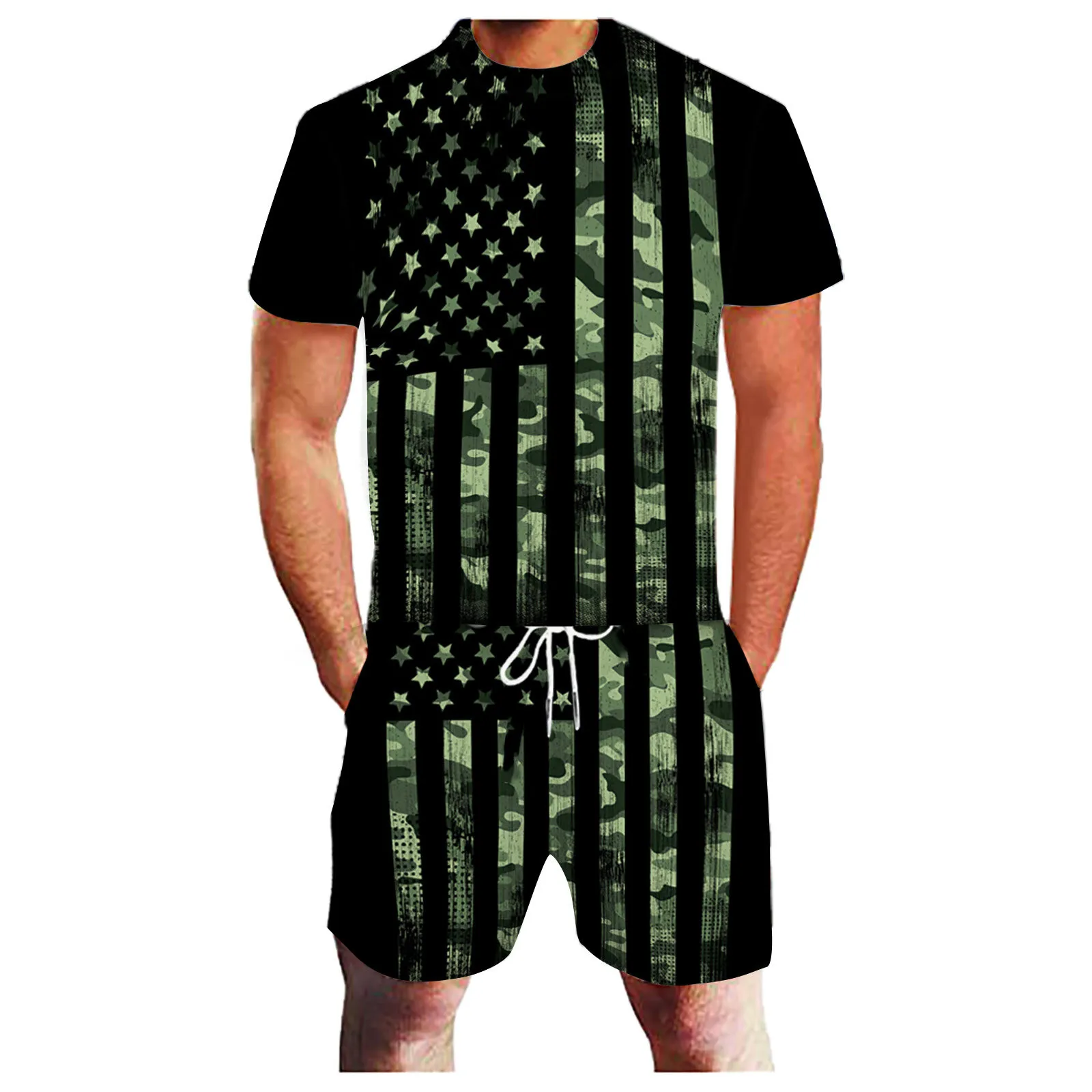 

64# Summer Mens Suit Tshirt Beach Shorts Two-piece Sets Men Independence Day Clothing Suit Plus Size Outdoor Fitness Running Set
