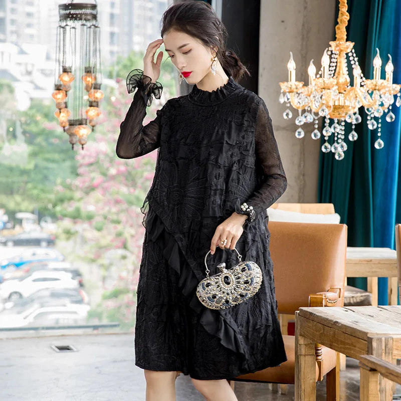 Женское плиссированное платье с вышивкой новое свободное большое