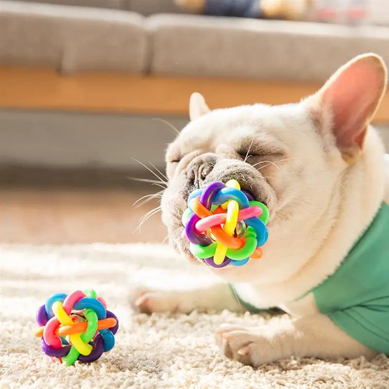 

Cute Dog Toys Interactive Pet Dog Ball Toy Cat Toy with Small Bell Rainbow Dogs Toys Pets Chewing Playing Fetching Nice Ball