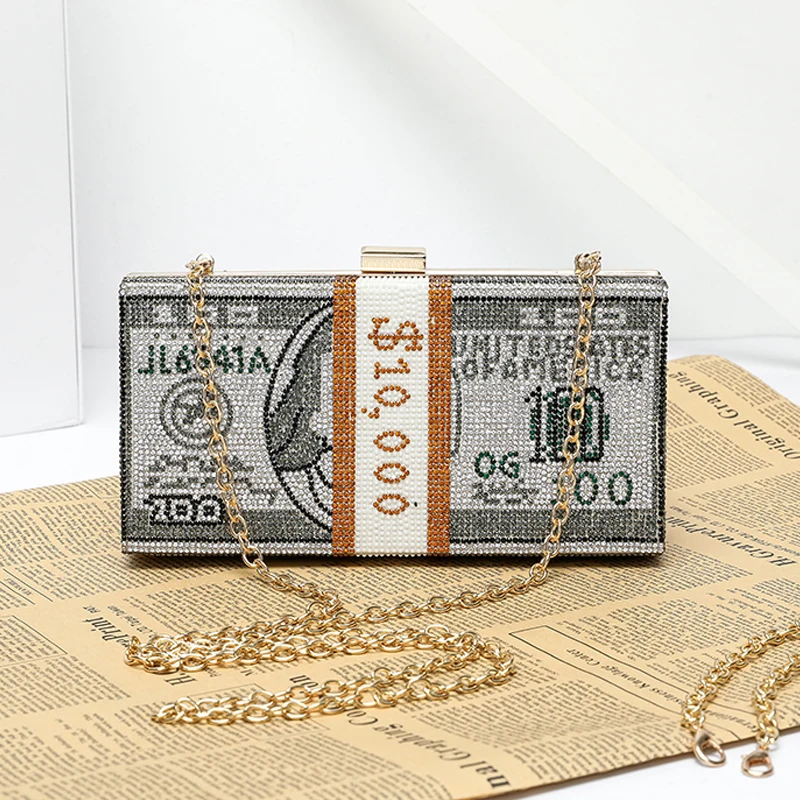 

Luxury $100 Dollars Rhinestone Crystal Money Bag Clutch Evening Bag Purse Crystals Bling Money Bag Rhinestone Money Purse