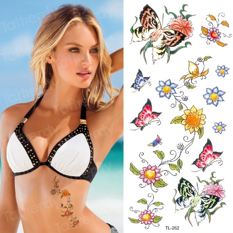 

Тату-наклейка женская с цветами и бабочками, маленькая тату для тела, временные водостойкие летние искусственные татуировки для девочек