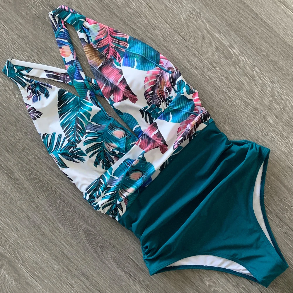 

2020 Sexy One Piece Swimsuit Female Floral Women Swimwear Push Up Bathing Suits Bodysuits Beach wear Deep V-neck Ruffle Monokini