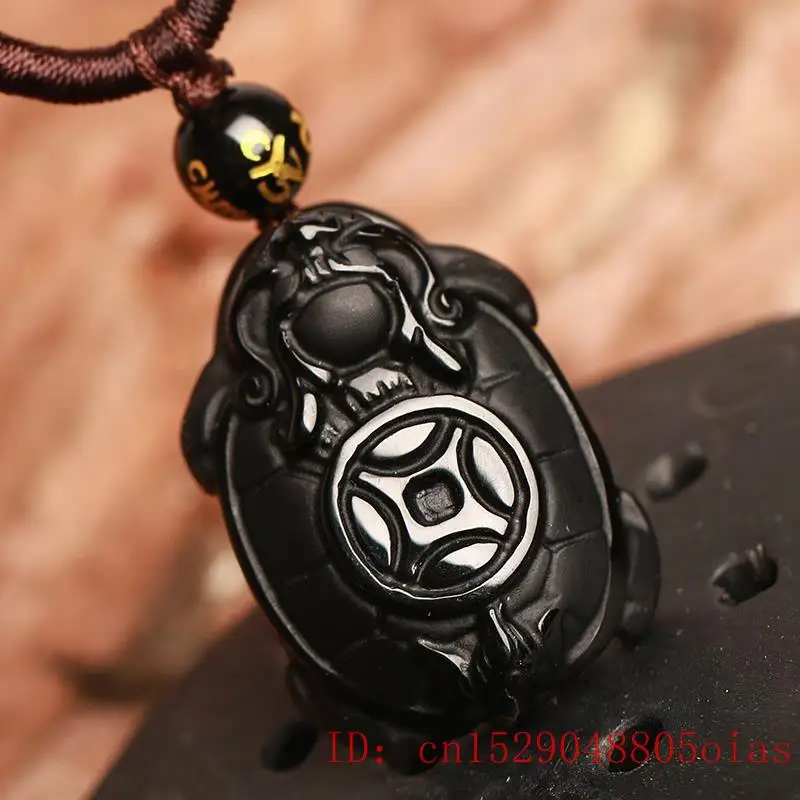 Natural Black Obsidian Beads Necklace Hand-Carved Dragon Turtle Jade Pendant Charm Auspicious Jewelry for Man Women Amulet Gifts | Украшения