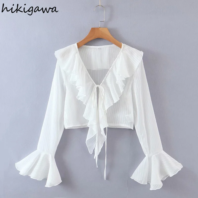 

Hikigawa Blouses Fashion Sexy V Neck Drawstring Butterfly Sleeve Shirts Tops Solid High Street Slim Striped Elegant Blusas