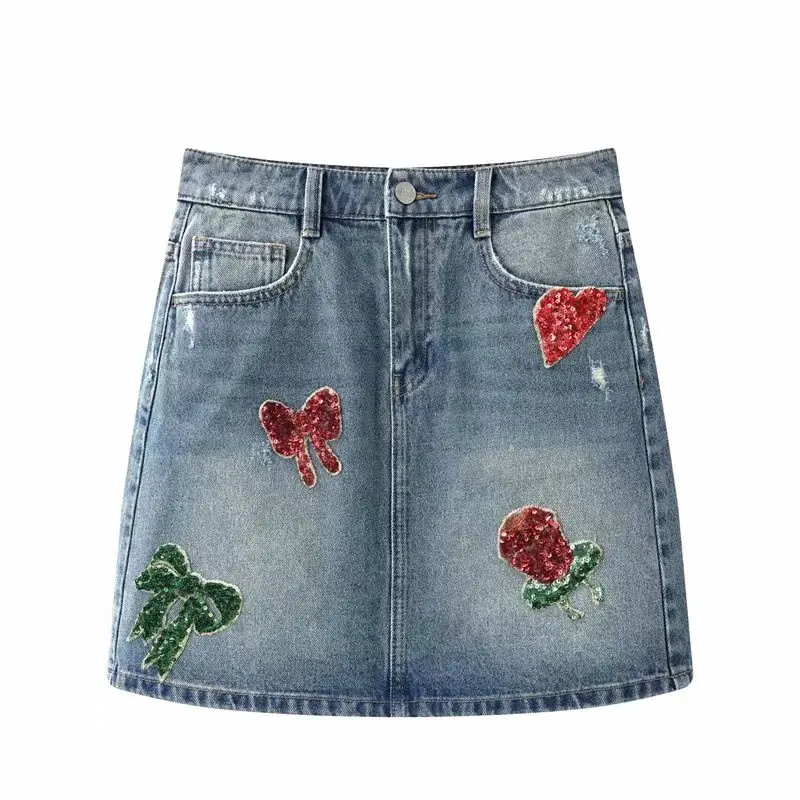 

2021 Summer Women High Waist Heart Bow Tie Slimming Casual Denim Skirt Lady Sequin Embroidery A- Line Blue Skirt