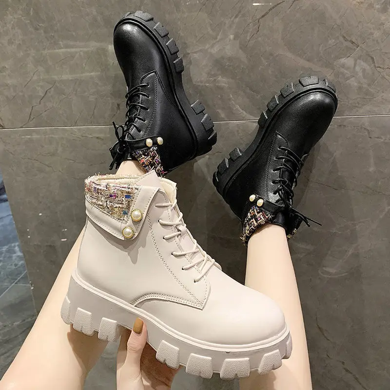 

Autumn Winter Warm Plush Motorcycle Boots Lady Leather Chunky Platform Ankle Boots for Women Botas Mujer Thick Sole Lace Up Shoe