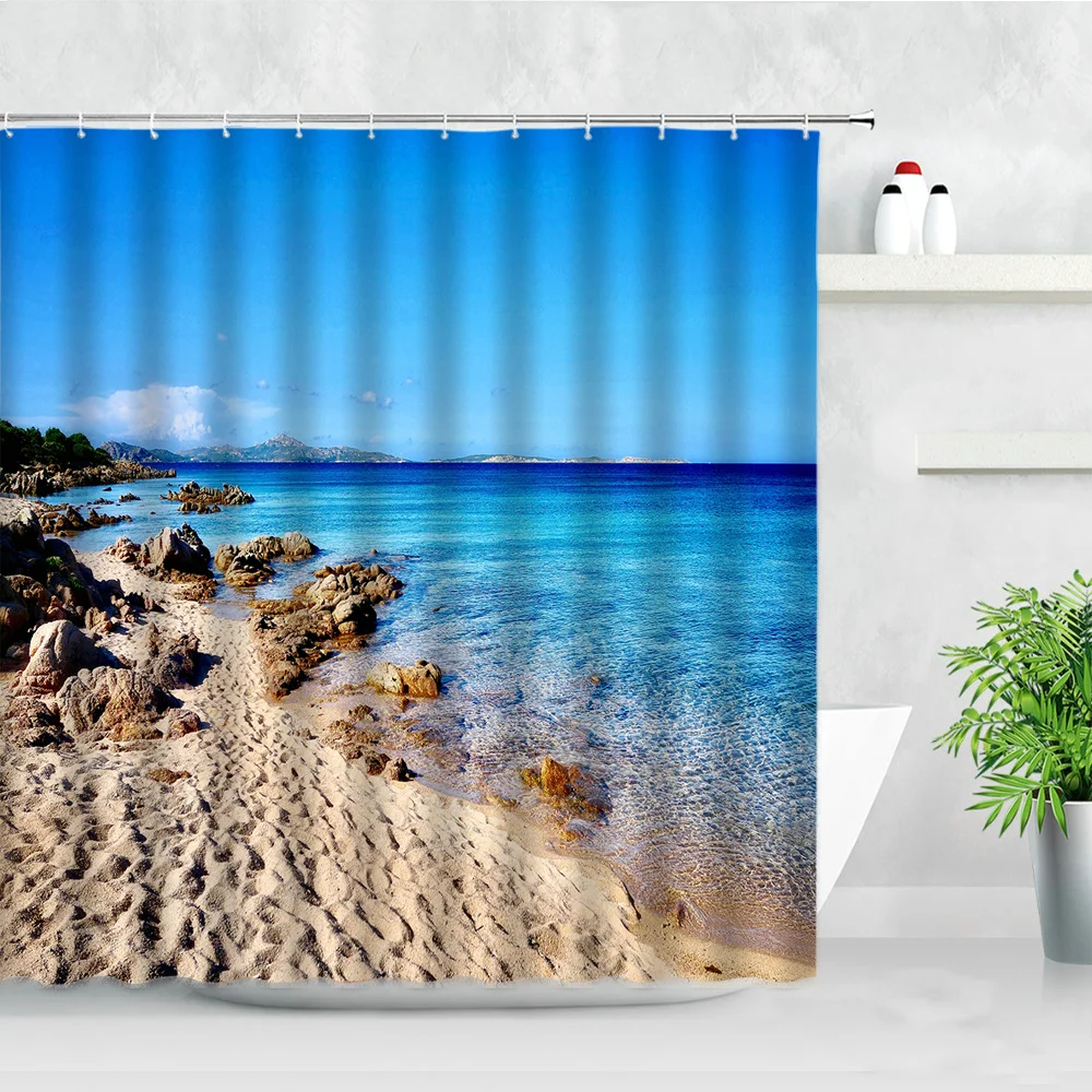 

Ocean Landscape Waterproof Shower Curtains Sea Wave Beach Coconut Trees Stone Natural Scenery Fabric Decor Bathroom Curtain Set