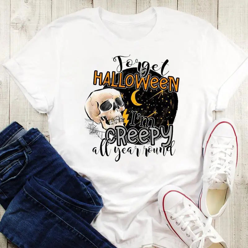 

Women Watercolor Scary Style Cartoon Tops Tshirt Fall Autumn Tees Happy Halloween Thanksgiving Graphic Print Female T-Shirt