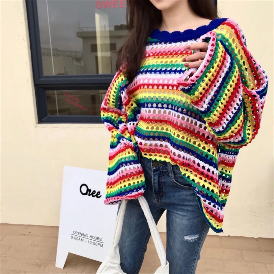 

Spring Autumn Japanese-Style Rainbow Stripe Hollow out Knitting Sweater Tops Women All-Match Pullover TT0755