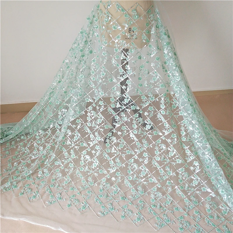 

Spring & Summer Green color tulle mesh embroidered lace fabric, sequined fabric for dress, 1 lot= 1 yard, continuous fabric NEW