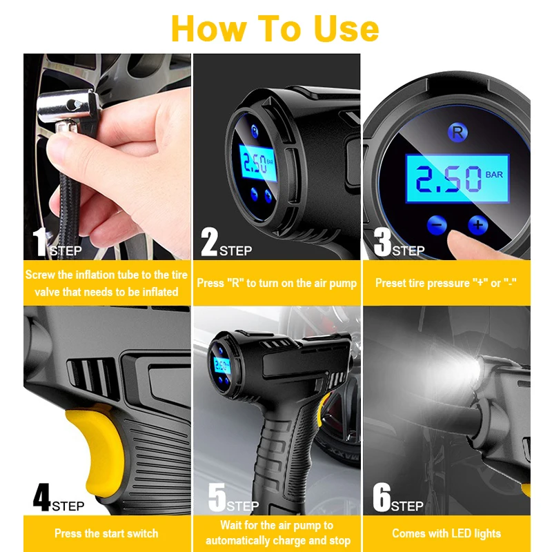 

Car Air Pump 120W Wireless Inflatable Pump Portable Rechargeable Air Compressor Digital Car Automatic Tire Inflator Equipment