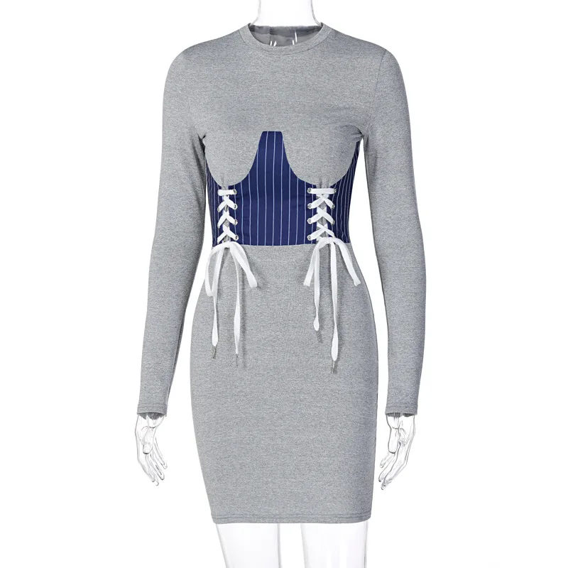 

European American Fashion Street Style Stitching Dress 2020 Autumn Winter New Waist Belt Round Neck Long Sleeve Hip Dress