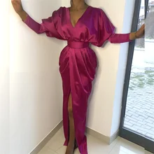 Sexy Deep V-Neck Dresses for Women Lantern Sleeve Belted Party Woman Christmas Dress Elegant 2021 Spring Split Long Maxi Robe (4)