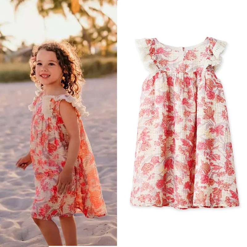 

Детское платье в пляжном стиле 2023, летние милые хлопковые платья для девочек с цветочным рисунком, Детские Модные Платья с цветочным рисунком, женская одежда