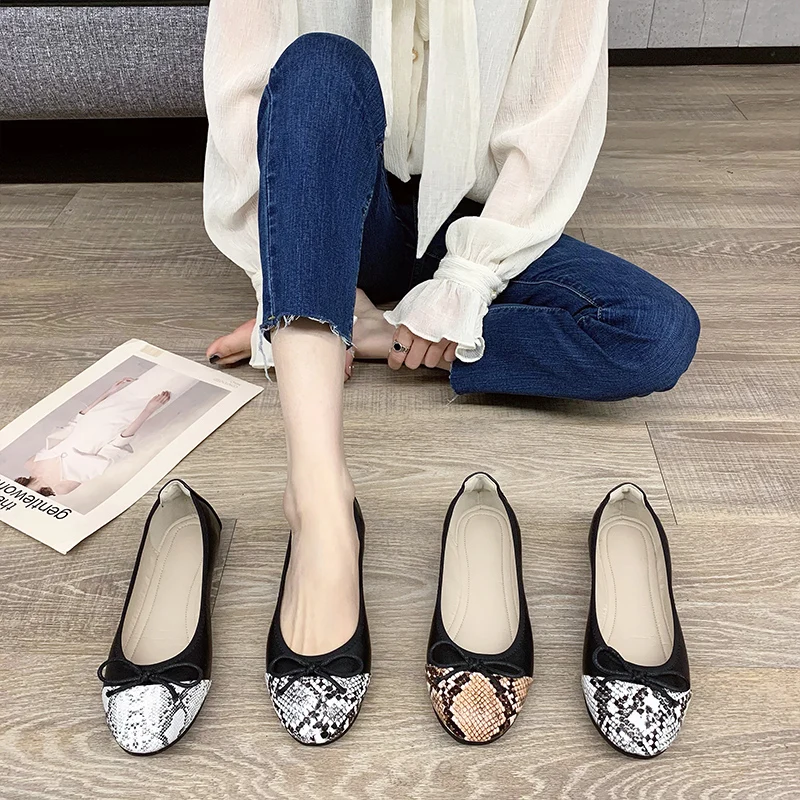 

2021 Lady's Spring,Summer Flat Shoes,Pump Shoes,Rubber sole,White,Snakeskin,White-collar,Elegant,Soft,Comfortable,Bowknot,Mixed