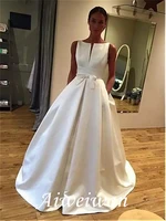 a line floor length sleeveless zipper up straps bowknot pockets outdoor wedding dress 2021