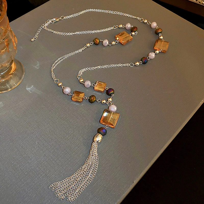 

Trend Fine Plated Silver Geometric Crystal Chain Tassel Pendant Chain Necklace for Women Girl Accessories Korean Fashion Jewelry