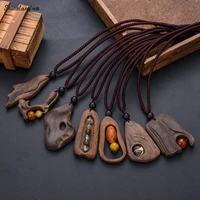 shineland long statement rope vintage sandalwood natural stone pendant necklace for women men ethnic jewelry wholesale cheap