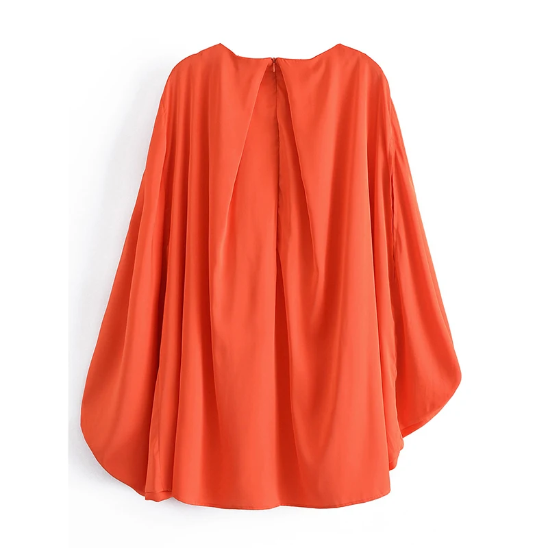 

HWLZLTZHT 2021 Summer Short Dress Women Satin Orange Loose Robe Mini Dress Woman O Neck Ruched Asymmetrical Hem Casual Dresses