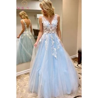 sky blue prom dresses tulle ivory lace appliques floral v neck a line sleeveless long floor evening gowns formal party women