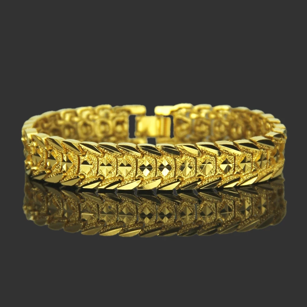

Wrist Chain Bracelet Men Fashion Jewelry Geometry Carved Solid Vintage Gift Yellow Gold Filled Classic Accessories 20cm Long
