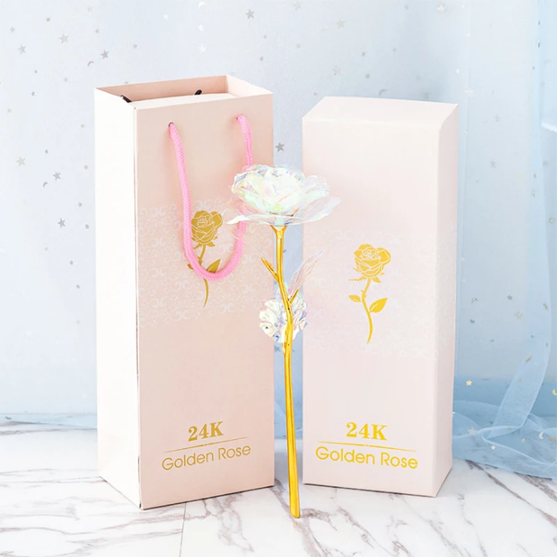 

24K Gold Foil Rose Flower Box Rainbow Valentine'S Day Romantic Simulation Eternity Flower Wedding Gift Beautiful LED Luminous